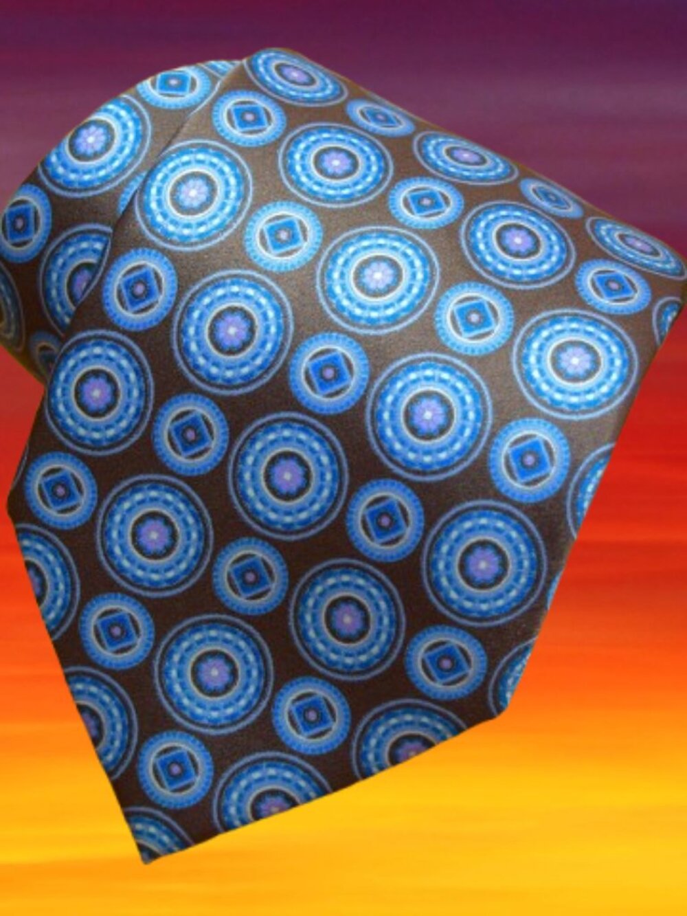 $840 BRIONI Brown Aqua Blue Geometric Medallion Handmade Italy Silk Neck Tie XL